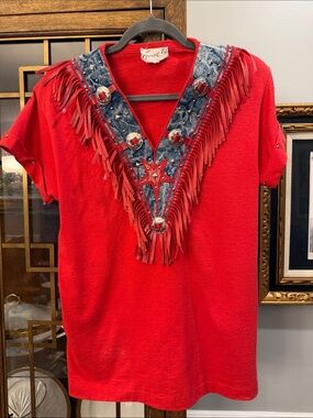 Joanie W. Vintage Red Americana Tee with Fringe